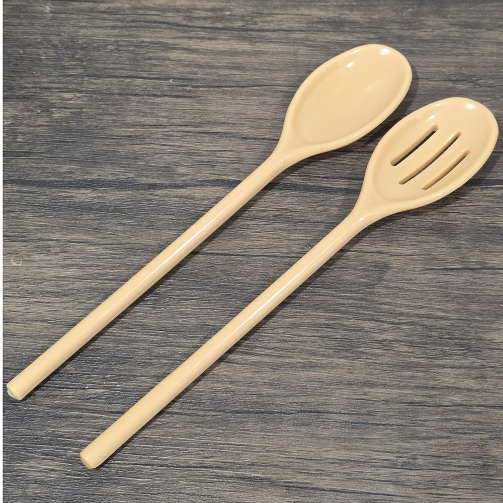 Vintage Tan Melamine‎ Serving Spoon Set Slotted and Solid Long Handle Beige 2pc